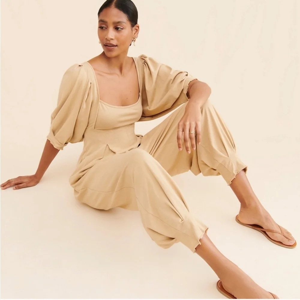 Free People Beige Jumpsuit with‎ Puff Sleeves